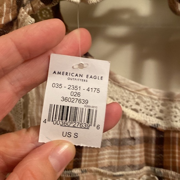 Brown Plaid open back embroidered top- American Eagle - Picture 4 of 5